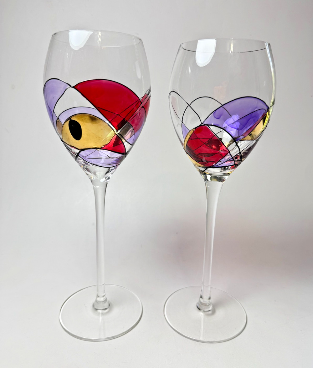 Set of 2 Vintage Romanian Milano Mosaic 10" Stained Glass Balloon Wine Glasses
